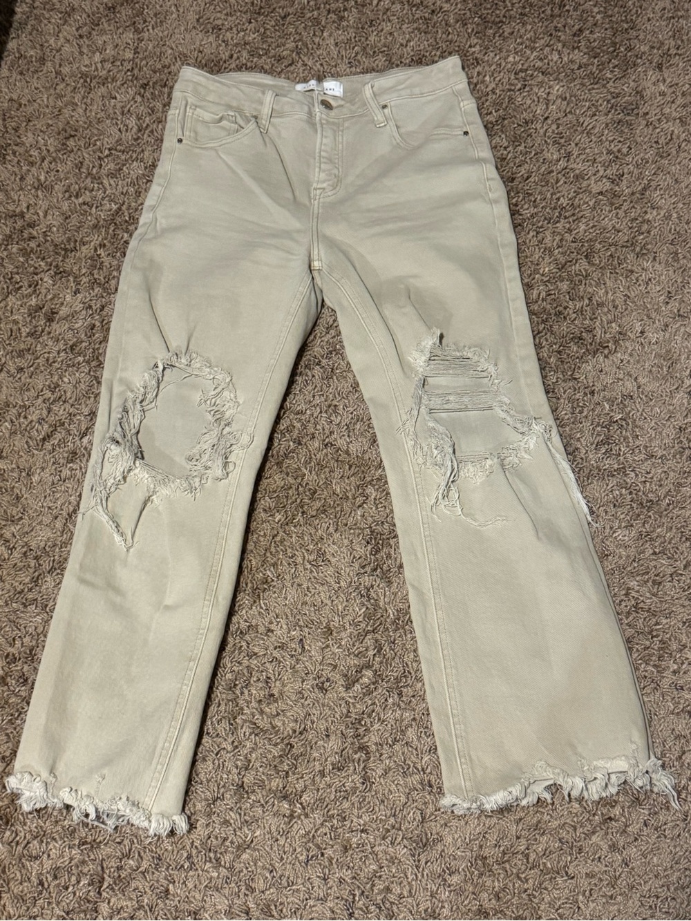 High-Rise Distressed Wide-Leg Jeans — Light Beige
